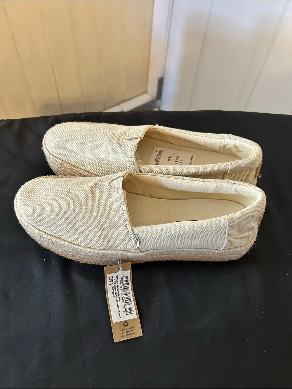 NWT TOMS Valencia Platform Espadrilles Dark Natural Metallic Linen Size 9